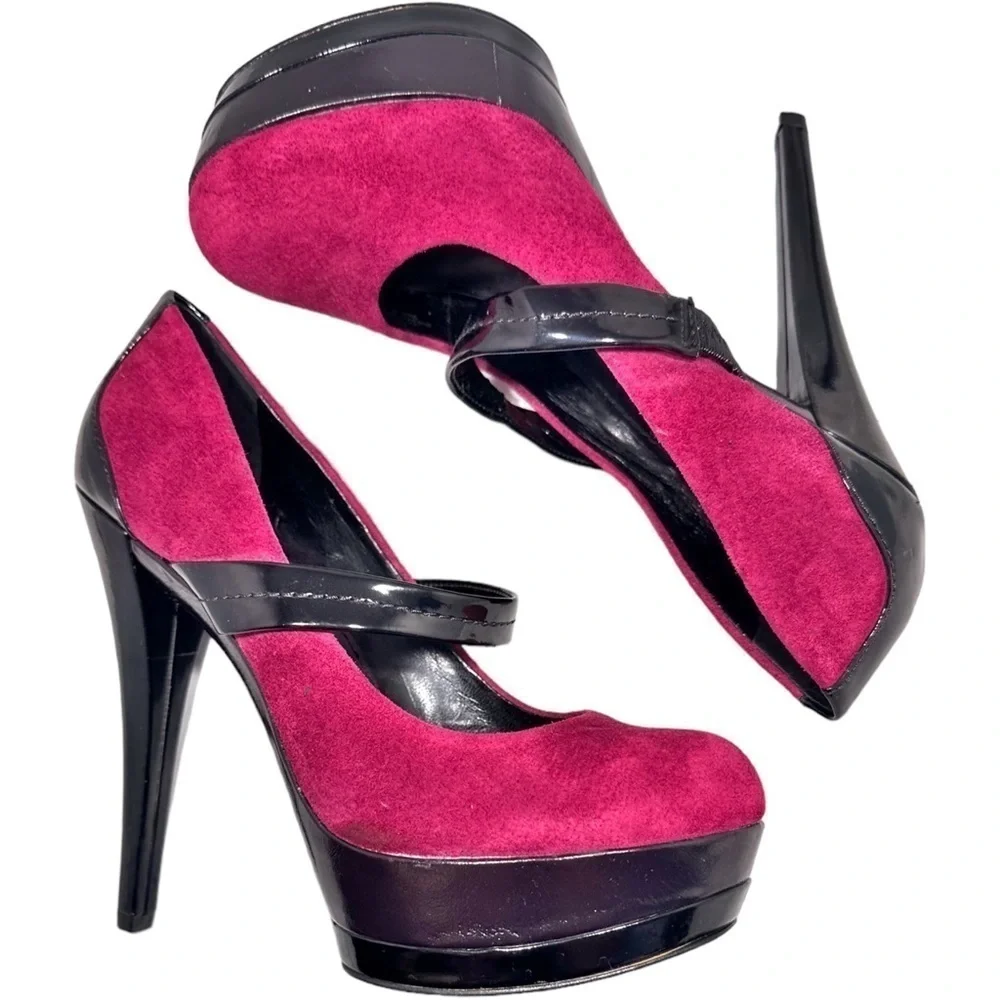 Jessica Simpson- Hot Pink Suede Like Upper w/ Black Platform High Heel Pump- 6B